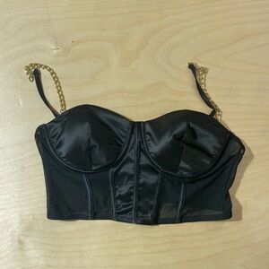 Black Satin Bustier Top with Gold Chain Straps Large (NA)